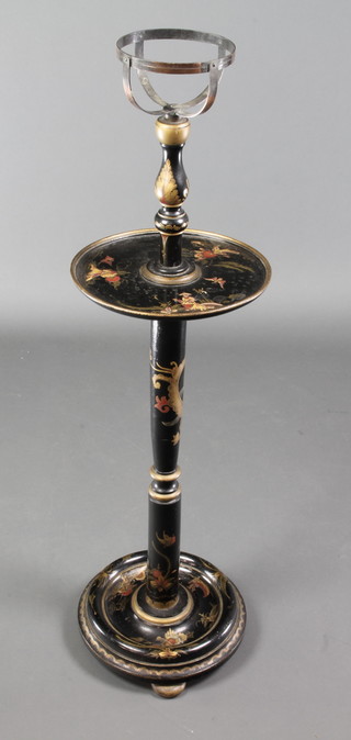A black lacquered chinoiserie style pedestal oil lamp stand with iron cradle 43"h x 12"diam. 

