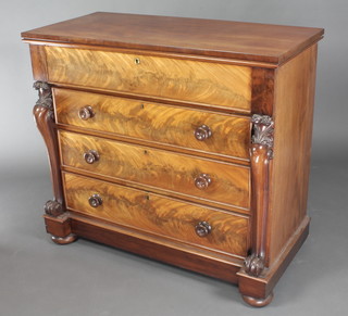 A Victorian mahogany chest of 4 long graduated drawers with tore handles and carved cabriole shaped columns to the sides, raised on bun feet 40"h x 45"w x 21"d 