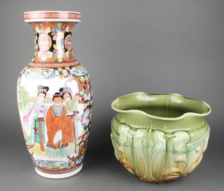 W E Needham, a Majolica style jardiniere with vine decoration 8", base marked no. 4 W F Needham Jacobean and a Chinese club shaped vase decorated figures 16" 