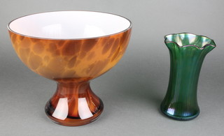 A brown Art Glass goblet shaped vase 8" and a green ribbed shaped flared vase 7" 