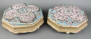 A pair of Victorian octagonal gilt painted footstools with beadwork seats, raised on ceramic bun feet 3"h x 11"w x 11"d