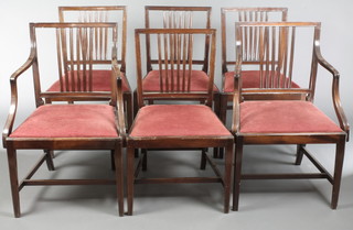 A set of 6 Hepplewhite style mahogany rail back dining chairs, 2 with arms