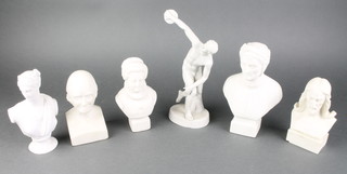 A carved marble head and shoulders portrait bust of a classical gentleman 4", a Parian bust of a classical gentleman 6", a Parian figure of a discus thrower 9" and 3 other portrait busts 