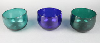 A 19th Century Bristol blue glass finger bowl 4 1/2" together with 2 ditto green glass bowls 4 1/2" 