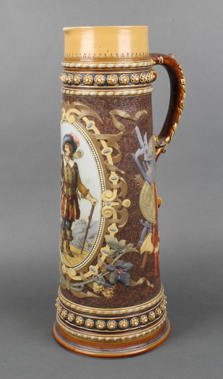 A mammoth Mettlach jug of tapered form with panel of a gentleman and military trophy motifs, impressed marks 1562 19 1/2" 