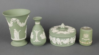 A Wedgwood green Jasperware flared neck vase 6", 1 other, a cigarette lighter base and a lidded jar 