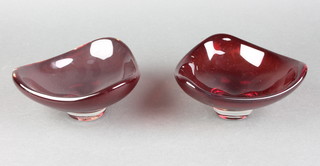 A pair of Whitefriars red ruby glass dishes 5 1/2" wide, designed by Geoffrey Baxter 