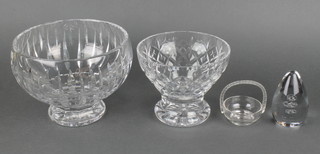 A cut glass pedestal fruit bowl 8", 1 other bowl, a paperweight and a basket 