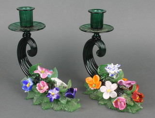 A pair of Venetian green glass candlesticks with floral decoration 7" 