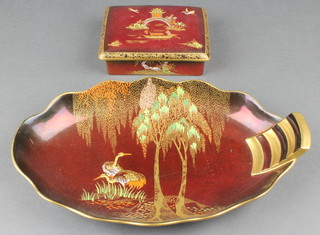 A Carltonware Rouge Royale rectangular box and cover 5" together with a boat shaped dish decorated storks 12" 