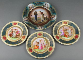 A Bavarian Royal Vienna porcelain plate decorated figures of potato farmers 9 1/2" and 3 "Berlin" porcelain plates, the reverse with beehive mark 7" 
