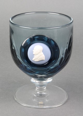 A Wedgwood blue glass cameo goblet decorated a portrait of Sir Winston Churchill 5" 
