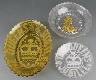 A Victorian yellow oval pressed glass bowl to commemorate the 1887 Jubilee 11", ditto floral glass dish 7" and a circular pressed glass bowl to commemorate the Diamond Jubilee 