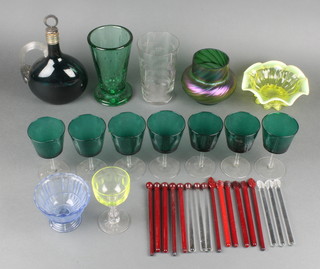 A Victorian green glass ewer and stopper with clear glass handle 8", a Whitefriars waisted green bubble glass vase 6", a Vaseline pressed glass dish with wavy border 6", an Art Glass vase of squat form 5", 7 wine glasses with green bowls, various glass cocktail stirrers and minor glassware 