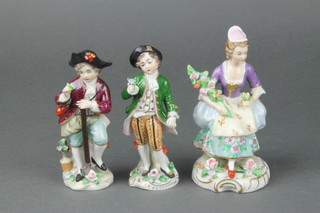 An early 20th Century Sitzendorf figure of a seated lady on a rococo base 5", a pair of ditto boys 3 1/2" 