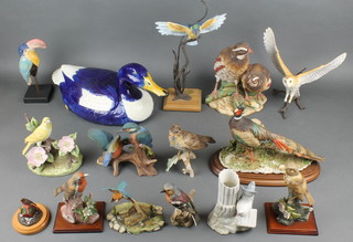 A Casa Pupo green glazed pottery storage jug in the form of a duck 16" and a collection of various pottery figures of birds
