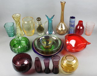 A Whitefriars purple bubble glass bowl 5", a Whitefriars square blue glass waisted vase 6" and a good collection of Art Glass vases and bowls 