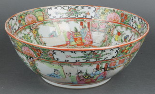 An early 20th Century Canton famille rose bowl decorated with panels of figures in pavilions amongst insects and flowers 1 1/2" 