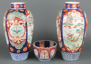A pair of early 20th Century Imari oviform vases decorated with panels of flowers and trees 12 1/2", a ditto deep lobed bowl decorated with flowers 3 1/2" 