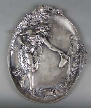 An Art Nouveau embossed oval pewter plaque decorated a classical figure, the reverse marked 381 14 1/2" x 12" 