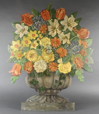 A painted wooden fire screen in the form of an urn of flowers 33" x 26" 