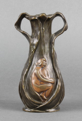 An Art Nouveau bronze twin handled vase of leaf form, the body decorated a figure of a crouching naked lady 