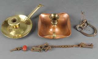 A Victorian patented iron mouse trap dated 1887, a circular brass chamber stick, a copper candlestick and a small collection of keys 