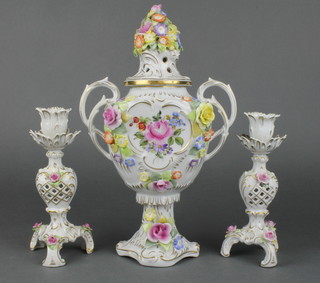 An early 20th Century Plaue 2 handled vase and cover with ensuite baluster candlesticks 