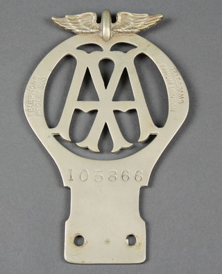 A 1911 type AA badge no. 105866 marked Telephone Regent 300. telegrams Fanum London 