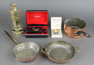 A Chinese gilt bronze twin handled vase 7", a circular copper saucepan with iron handle 4", ditto frying pan 5", twin handled copper bowl 5" and a Special Mini S.P.M. Rollei A110 camera  