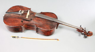 A 19th Century quarter size cello, labelled Al Paulus JR, with 2 piece back 27", together with a Golden Strand bow 