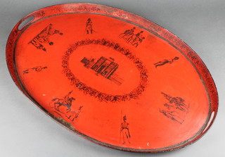 A red oval Toleware painted tray, decorated scenes of Napoleonic interest including The Triumphant Arch,  8 1/2" x 19" 