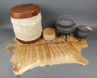 Zulu/Swazi curios including 2 iron 3 legged cooking pots 6" and 9", 2 hyde covered drums 11" and 4" and a skin pelt 
