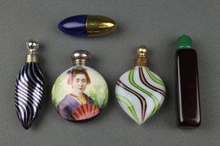 A circular flattened porcelain scent bottle with silver mount and portrait panel of a geisha, 4 other scents 