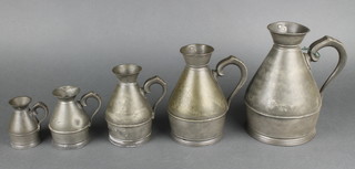 A set of 3 19th Century Irish Austen & Son graduated pewter pear shaped measures - quart, pint and half pint together with 2 similar pewter measures 4" and 3"  