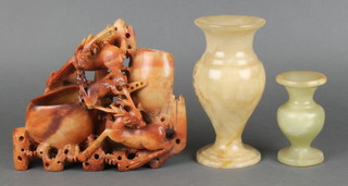 A pink carved Chinese hardstone brush pot decorated deer 6" together with 2 baluster turned onyx vases 7" and 4" 