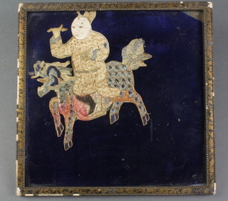A Chinese embroidered panel decorated a figure riding a dragon 8 1/2" x 8 1/2" 