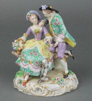 An early 20th Century Sitzendorf fete galant group with dog, on a raised rococo base 6 1/2" 