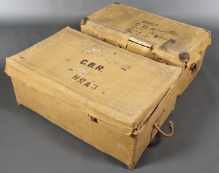 2 1920's rectangular basket work trunks with hinged lids and fibre outer cases 15" x 34"w x 18"d and 15"h x 22"w x 36"d