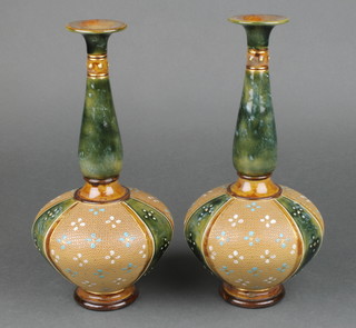A pair of Royal Doulton baluster vases with tapered necks decorated with formal floral decoration 10" 