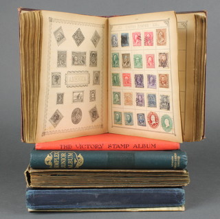 3 Simplex albums containing tuppenny blues and numerous penny reds and other GB and world stamps, a Lincoln stamp album, 2 school boy stamp albums and various cigarette cards 