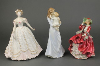 A Royal Doulton figure - Top Of The Hill HN1824 7", 2 Royal Worcester figures - Tender Moment W462 9" and Sweetest Valentine 9" 