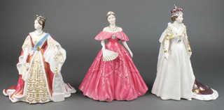 3 Royal Worcester figures - Queen Victoria CW442 9", Queen Elizabeth The Queen Mother CW461 9" and Queen Elizabeth II CW457 9" 