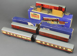 A Hornby Dublo P.P.O. Mail van set boxed, 2 Hornby Dublo carriages and 2 Hornby Triang Meccano carriages  