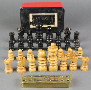 A St George's pattern wooden chess set, together with a miniature brass fender 5" 