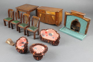 A collection of 1930's dolls house furniture including dining suite with sideboard, draw leaf dining table (f) and 4 dining chairs (f), fire place, etc 