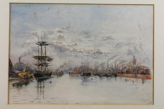 E.M.H(orsfall) watercolour, a Thames? study with moored boats and steamers, monogrammed 9" x 13 1/4" 
