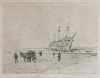 Rowland Langmaid, an etching, study of a 3 masted beached Man of War with shrimping cart 8 1/2" x 11" 