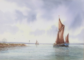 Alan Whitehead, watercolour, fishing boats in an estuary 19 1/2" x 13" 