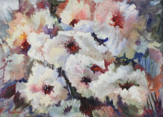 Madge Bright, oil on canvas, a stylistic view of flowers 15" x 21" 